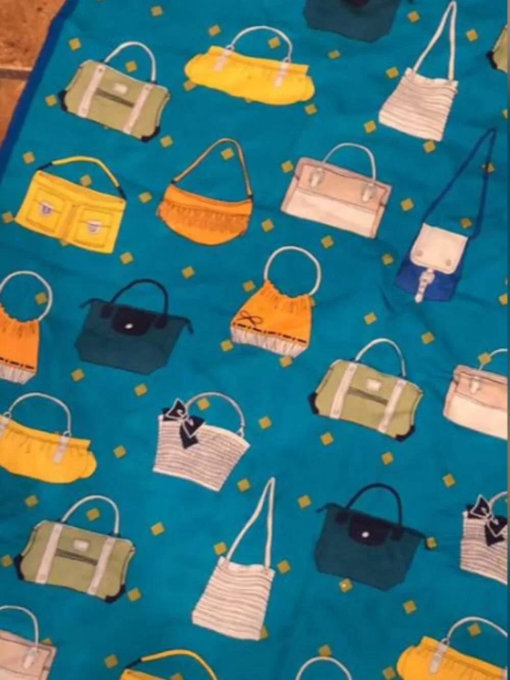 Purses and Handbags on Blue Silk Scarf